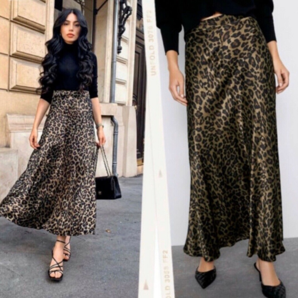 New Zara Leopard Print Midi Skirt Satin Animal S